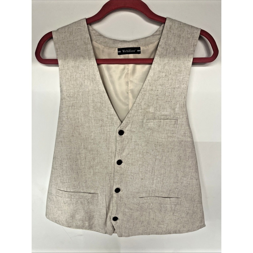 Mens Linen Blend Vest Waistcoat Oatmeal Beige Button Front Wedding Small